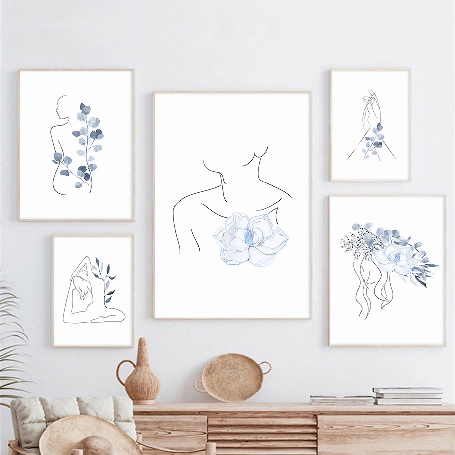 

Blue Eucalyptus Flower Minimalist Abstract Nude Girl Body Yoga Art Canvas Posters Prints Wall Pictures Living Room Bedroom Decor