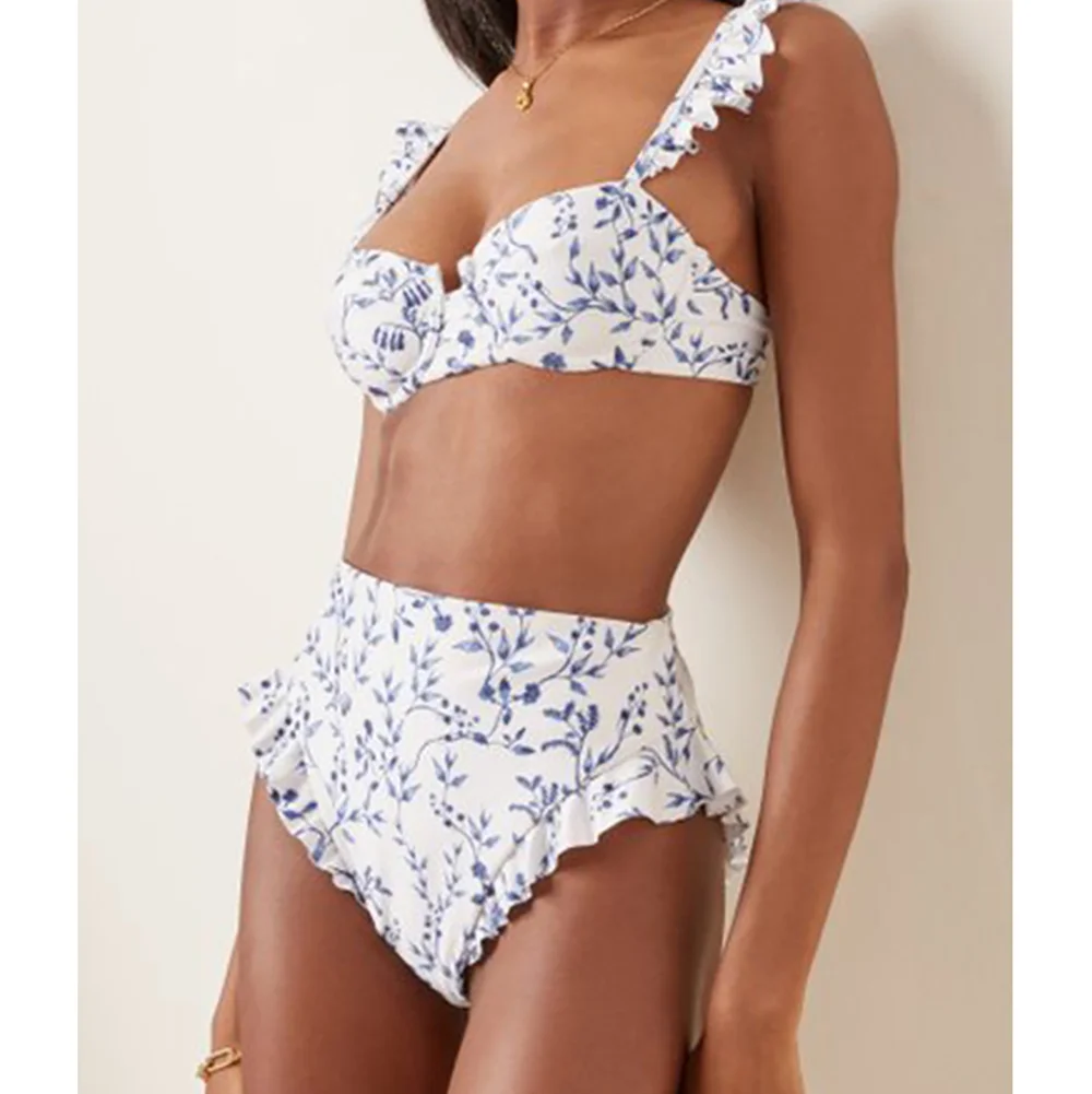 

2022 New Beach Swimsuit V-neck Ruffle High Waist Bikini Suit Swimwear Feminine Floral Long Skirt Two-piece Swimsuit
