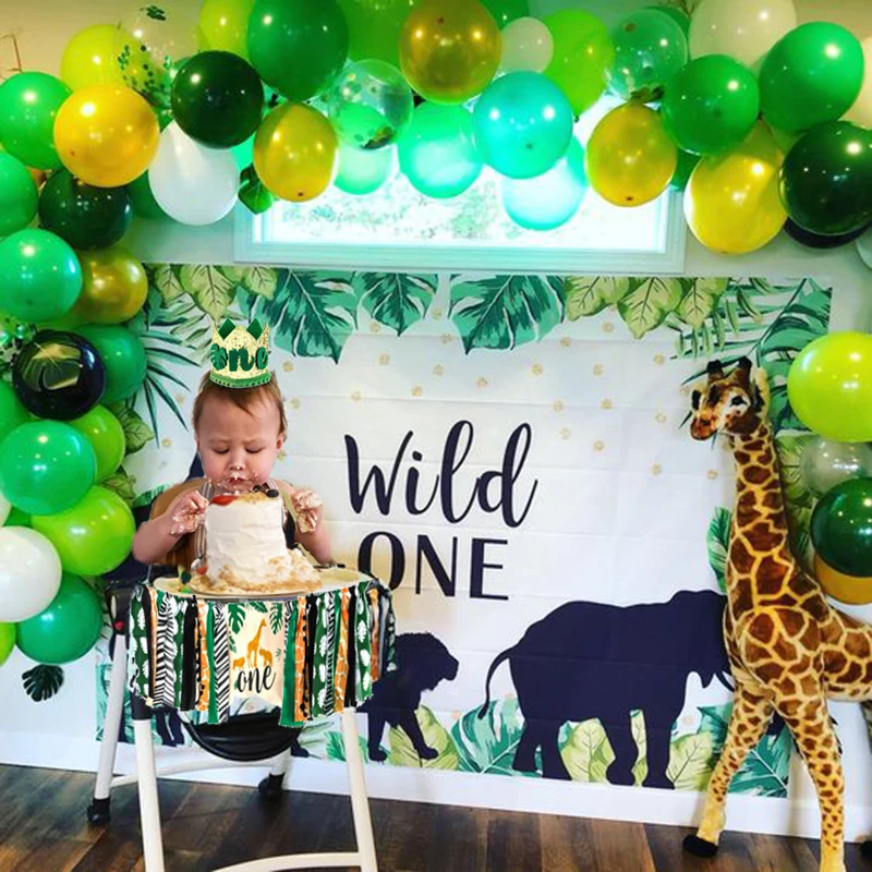 

Jungle Safari Birthday Wild One High Chair Banner with Crown Hat Baby 1st first Birthday Decorations Jungle Forest Theme Party