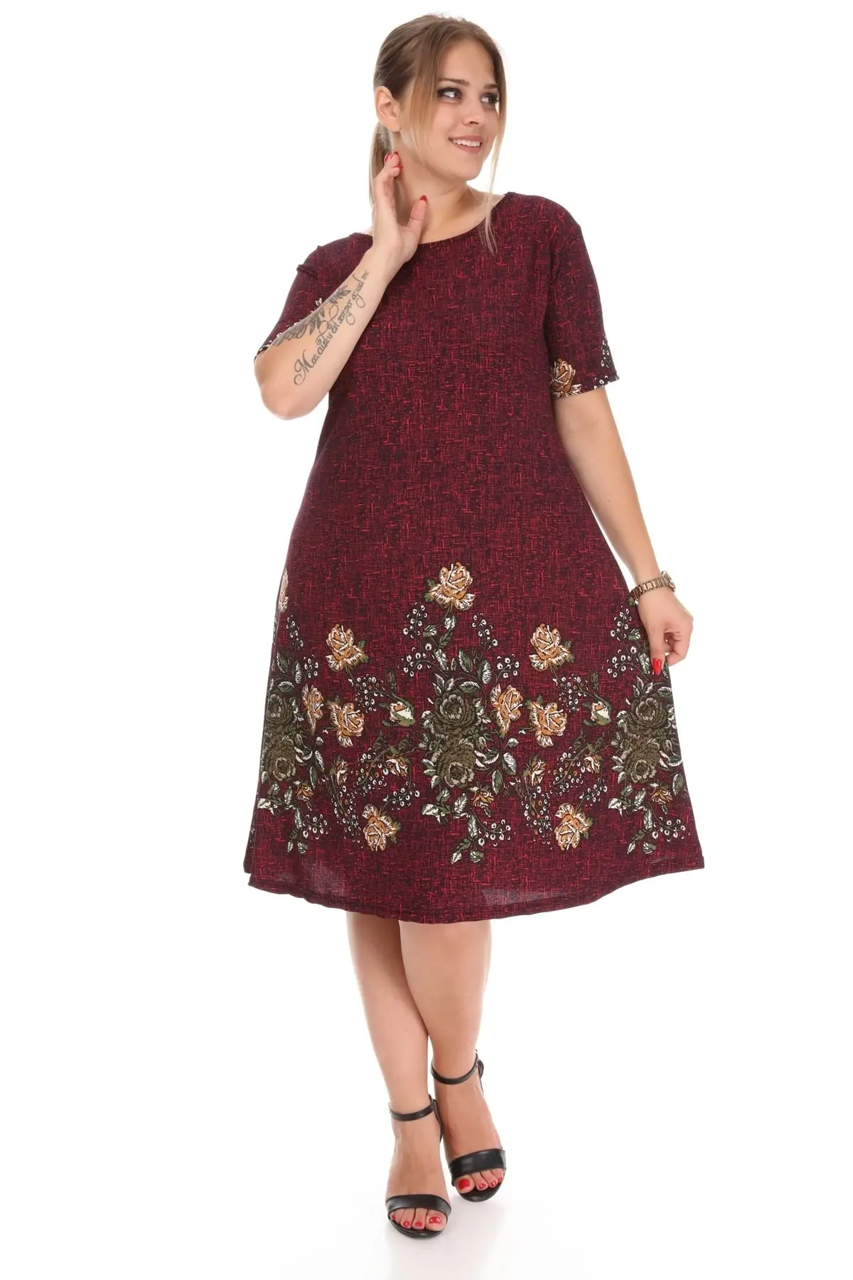 Plus Size Women's Dress Daily Burgundy Short Sleeve Patterned Crepe Round Neck Midi Length Lycra Viscose XL 2XL 3XL 4XL 5XL