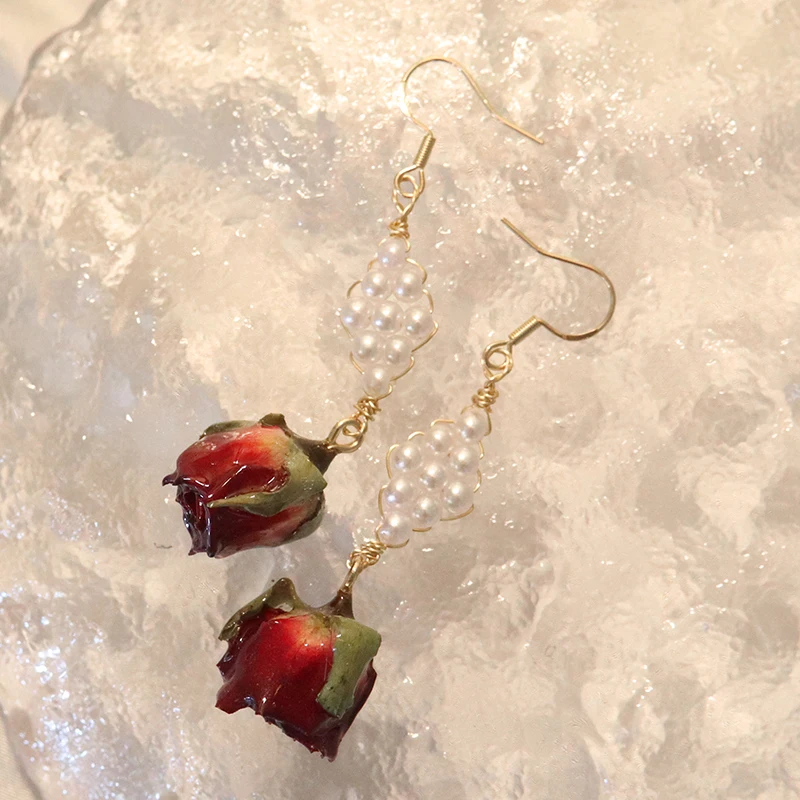 

Trending Handmade Geometric Pearl Rose Drop Earrings for Women Eternal Love Real Flower Dangle Earrings Elegant Girl Dating E013