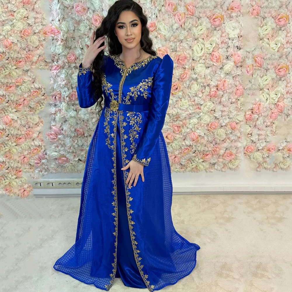 

Laxsesu Moroccan Arabic Evening Dresses Dubai Saudi V-neck Beautiful Appliques Beading Long Sleeves Sweep Train Prom Gown