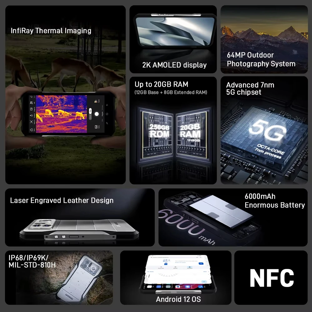 Фото DOOGEE V20 Pro — защищенный смартфон с 6,43-дюймовым 2K-дисплеем, тепловизионной камерой, 12 ГБ + 256 ГБ памяти, 64-мегапиксельной камерой, аккумулятором 6000 мАч и зарядным устройством 33 Вт, Android. №2