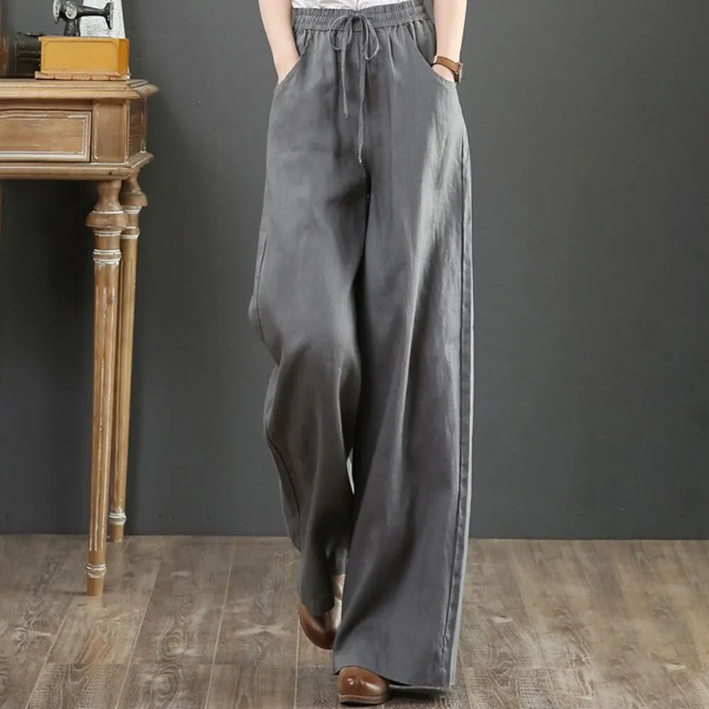 

Cotton Linen Women's Pants Drawstring Vintage Wide Leg Oversize Trousers For Female Clothing 2023 Summer Ladies Long Trouser