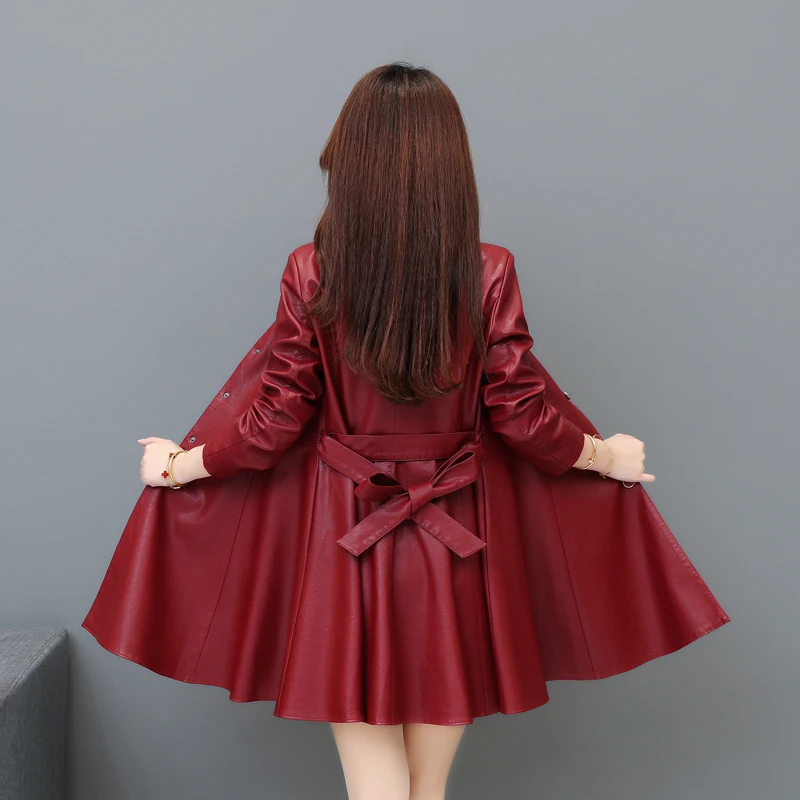 2022 Women Apparels  Fashion Plus Size Biker Long  Faux Leather Jackets Sexy Style Black Wrap Coat Trench Coat with Waistband