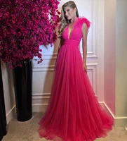 hot pink evening dress v neck women party dress elegant tulle prom dress wedding party dress robe de soiree vestido de festa