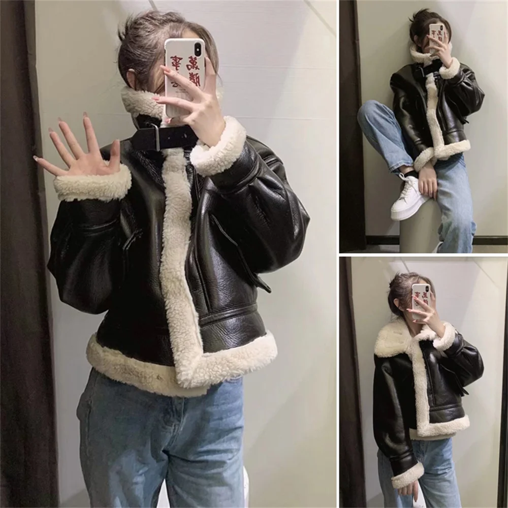 

BM&MD&ZA European and American Style New Women's Fashion Retro Lapel Long-sleeved Fleece Imitation Leather Jacket 4341924