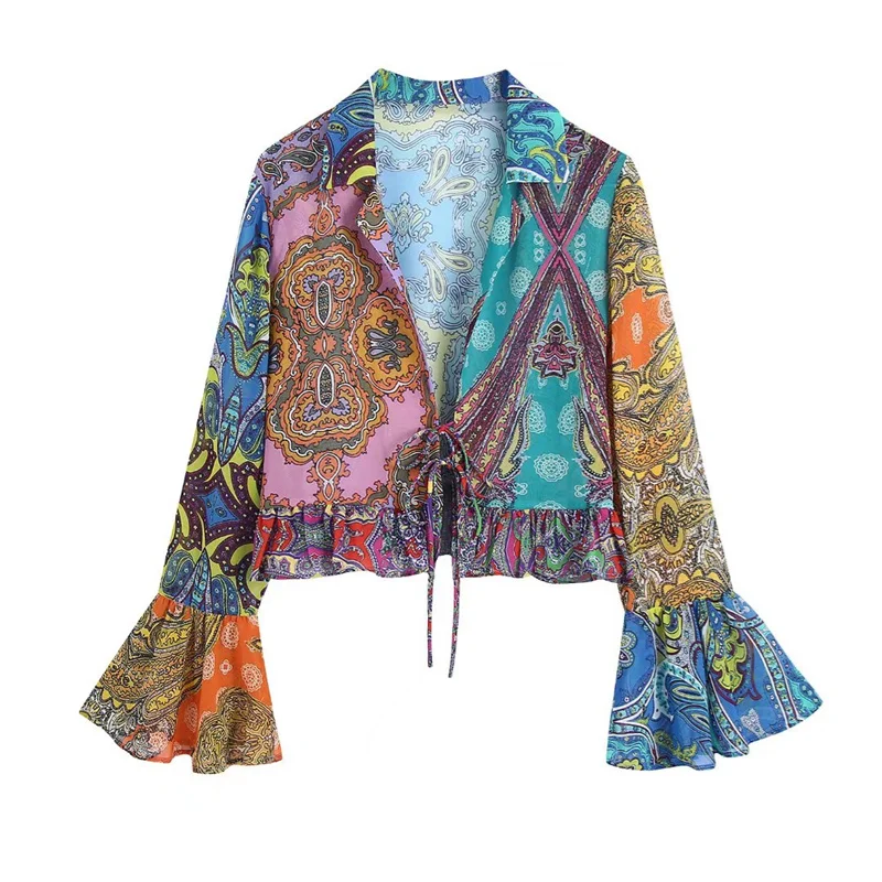 

PB&ZA 2022 Summer New Women's Retro Layer Decorative Long -sleeved Printed Shirt Top
