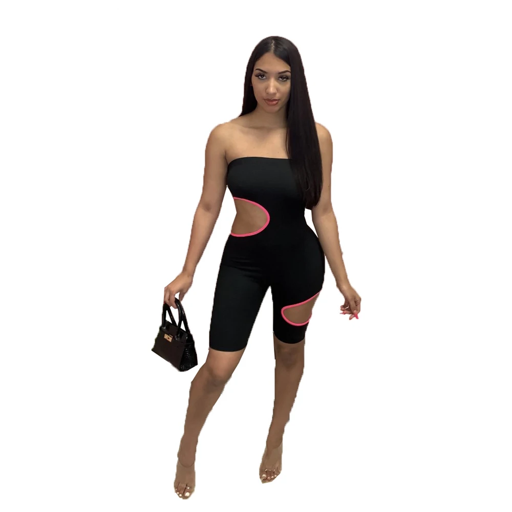 Fashion Color Matching Skinny Rompers For Women Hole High Elastic Breast Wrap Tops Shorts Sexy Yoga Casual Jumpsuits MN8355