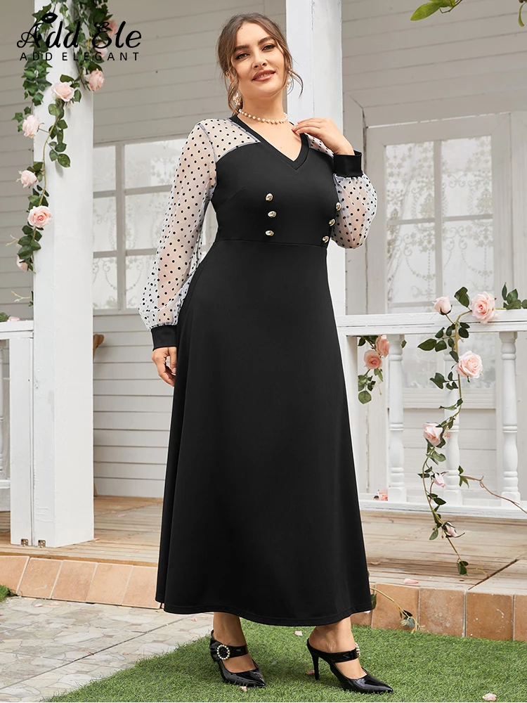 Add Elegant 2022 Autumn Plus Size Women's Dresses Patchwork Polka Dot Long Sleeve Female V Neck Button A-LINE Loose Dress B173