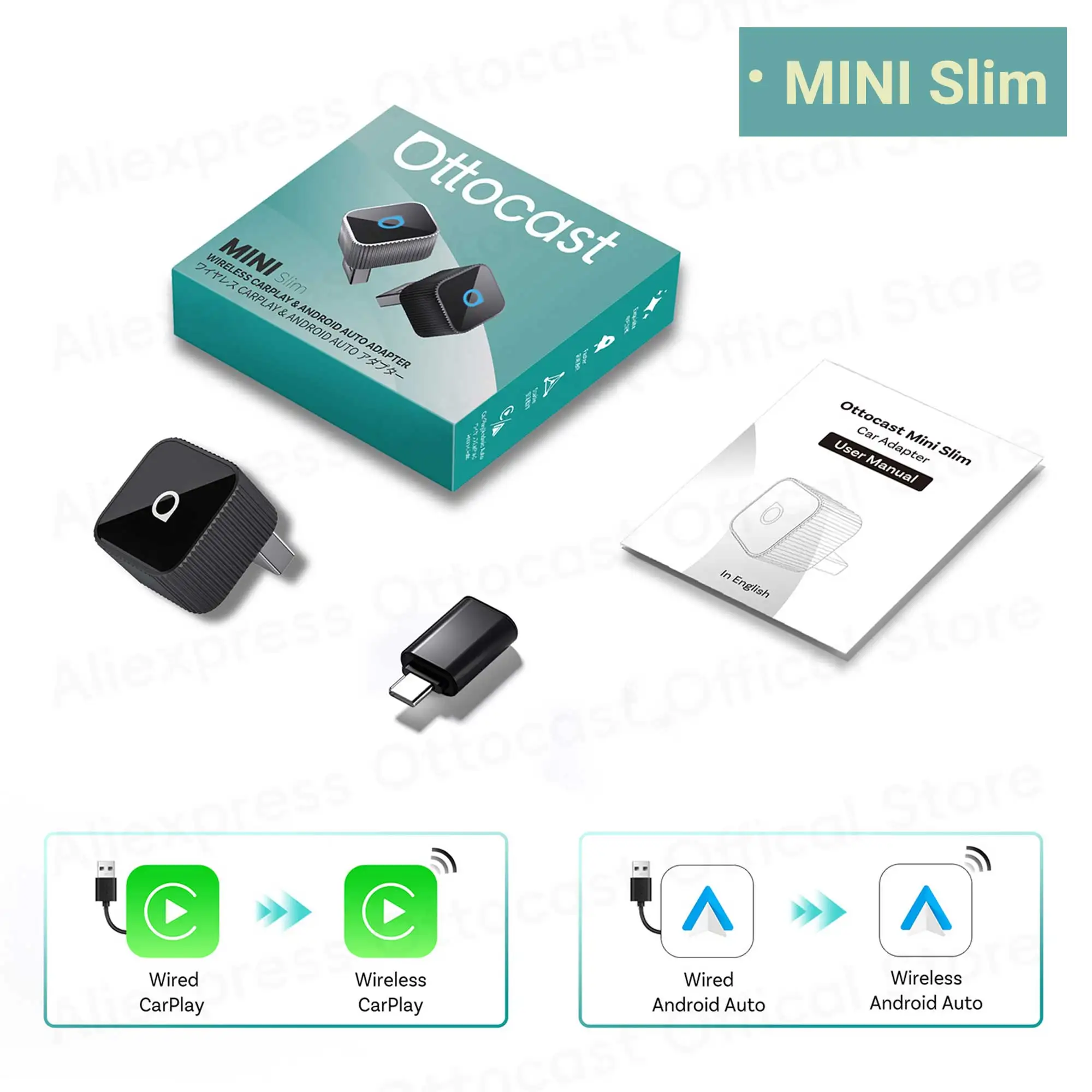 

OTTOCAST Mini Slim Cube Беспроводной адаптер CarPlay Android Auto 2 в 1 USB AI Автомобильные аксессуары для VW Haval Audi Kia Porsche Lexus