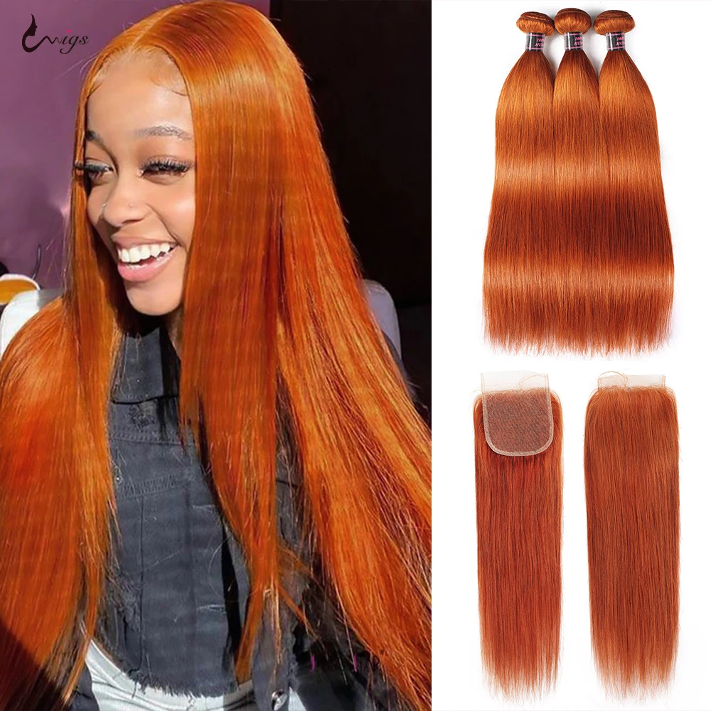 Uwigs Ginger Orange Bundles With Closure Brazilian Hair Extensions Human Hair Straight Bundles With Closure For Woman Remy Hair