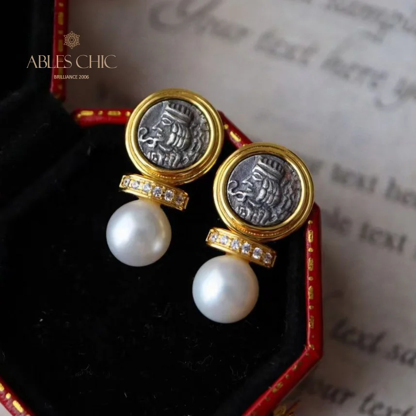 Sterling Silver Ancient Byzantine Silver Coin Replica Natural Pearl 8mm Studs Earrings C16S21011
