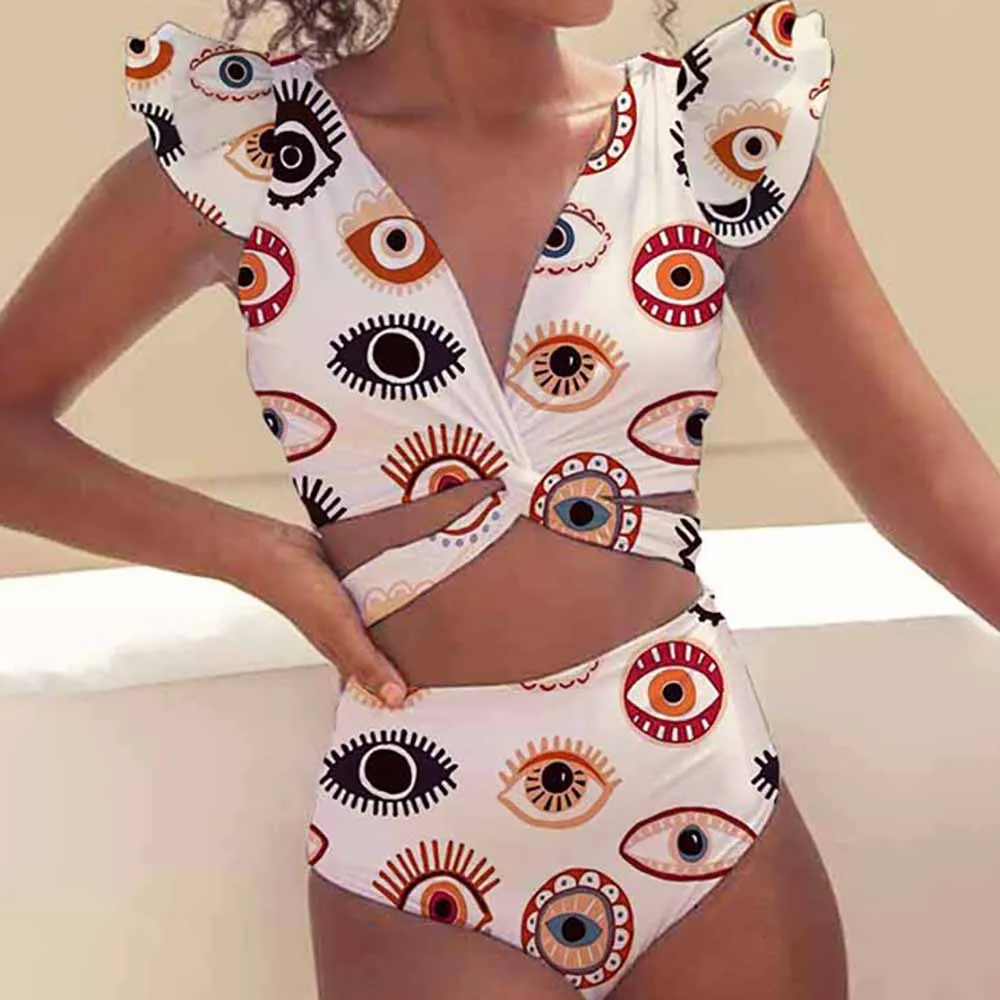 

White Eye Print Swimsuit Fashion Ruffled Hollow Out Two Piece Bikini Sexy Deep V Backless Swimsuit High Waist Slim Thong 2022