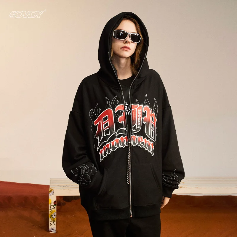 

Men Winter New Zipper Jacket Printed Color Matching 390g Heavyweight High-Tech Design Hooded Pullover Sweater Women Hoodies