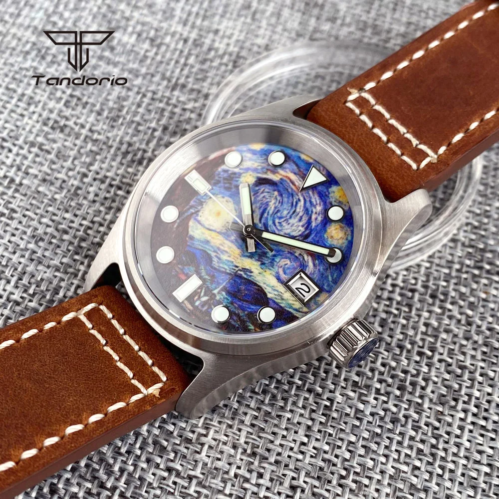 Фото Tandorio Pilot Style NH35 Starry Sky Dial Автоматические часы для погружения 36 мм Мужские часы 20 атм Дата Полностью светящиеся механические наручные часы Кожаные №5