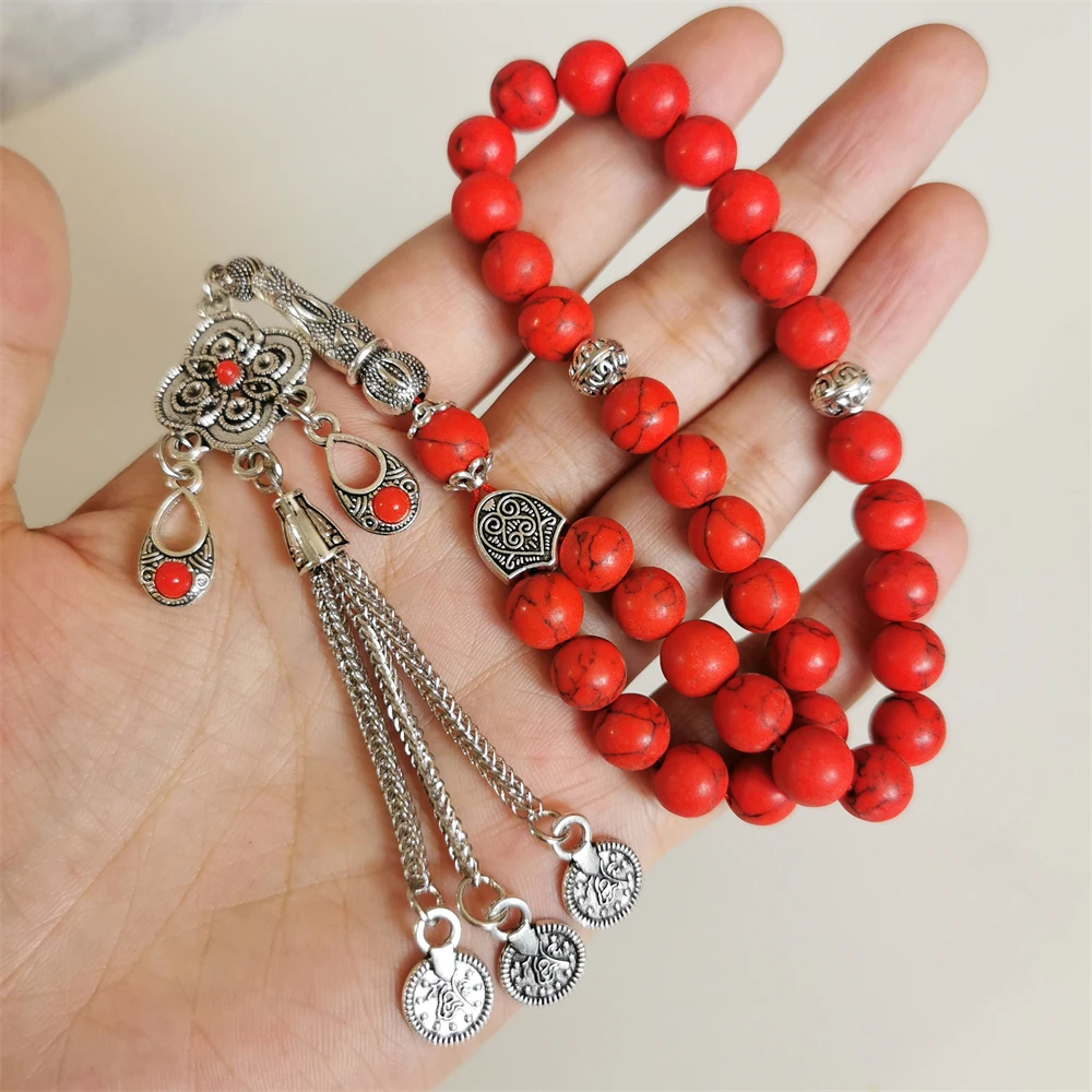 

Muslim Tasbih synthetic red turquoise Islam Misbaha wholesale handmade prayer beads 33 stone arabic jewelry rosary mesbaha