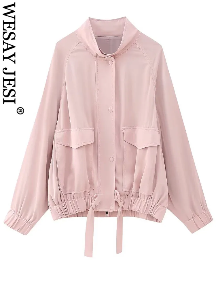 

WESAY JESI TRAF Summer Fashion Female Elegant Pink Street Style Jacket Outwears Women Long Sleeve Pockets Button Decorate Jacket