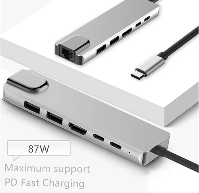 

Адаптер HDMI типа C к HDMI RJ45, двойной адаптер 87 Вт 6 в 1, разветвитель типа C для быстрой зарядки и передачи данных для ПК, аксессуары