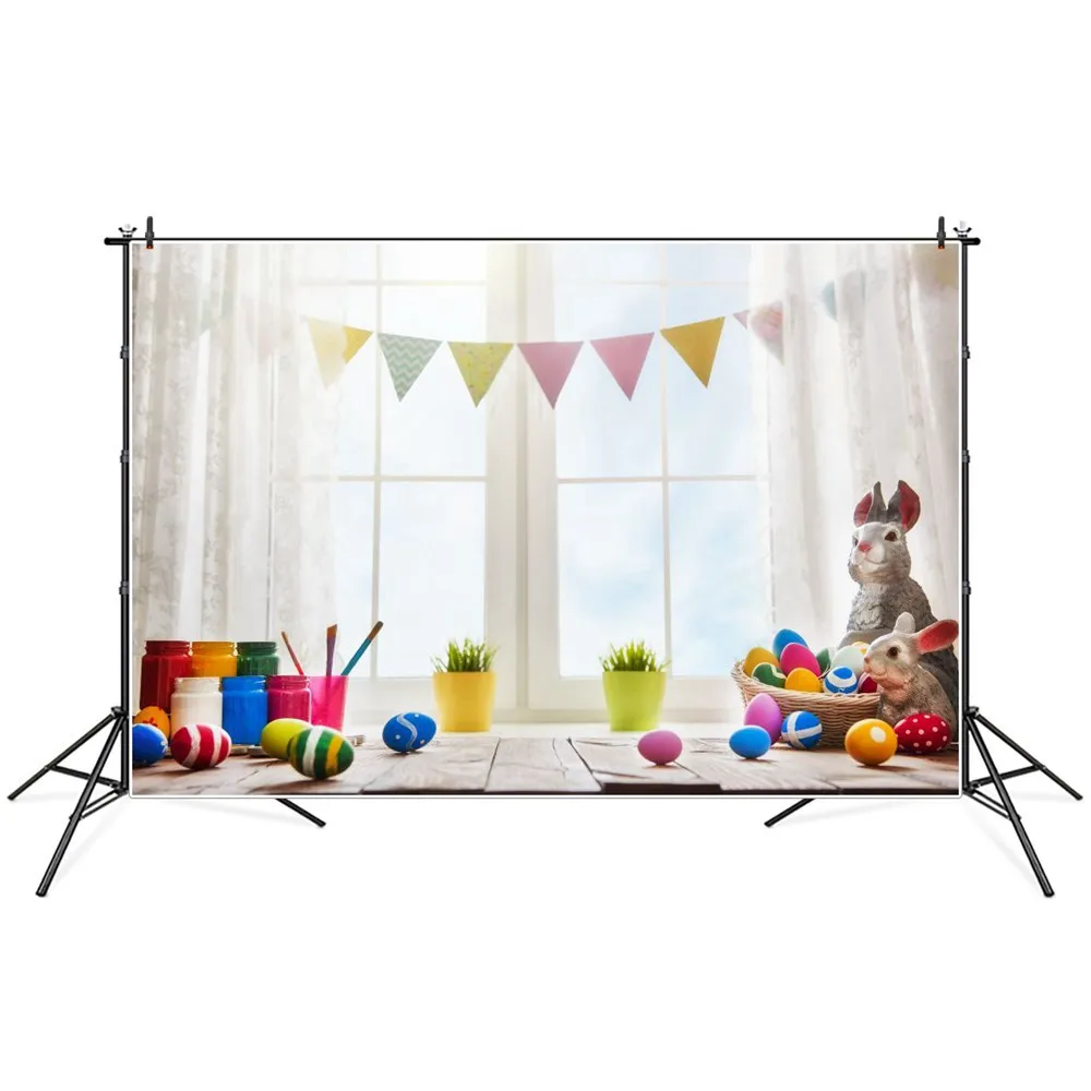 

Photography Backdrops Easter Day Eggs Rabbit Bunting Window Party Decoration Custom Baby Photo Booth Studio Backgrounds Props