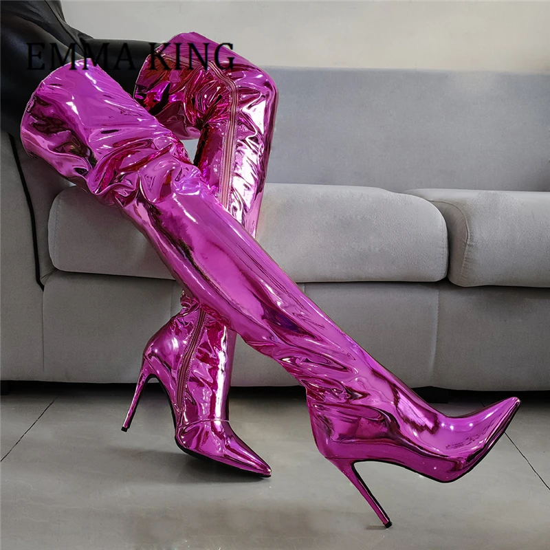 

Sexy Mirror Leather Thigh High Boots Women Stiletto Heels Long Boots Female Over The Knee Boots Autumn Runway Banquet Botas