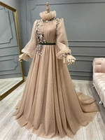 tulle lace flower applique gitl evening muslim dress 2022 style organza lantern sleeves abaya moroccan vestidos robe de soir%c3%a9e