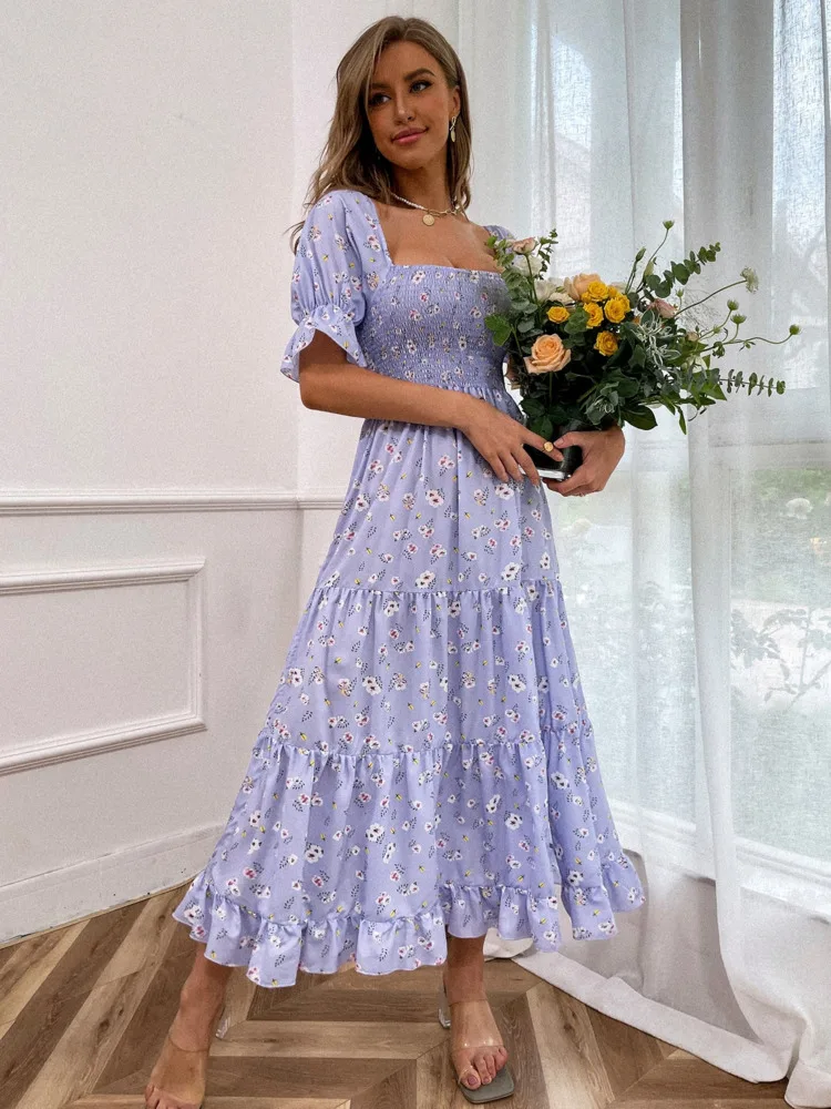 

Summer Women Dress Ruffle Puff Sleeve Long Dress Beach Wear Zipper Pleated Allover Floral Shirred Split Thigh Dress