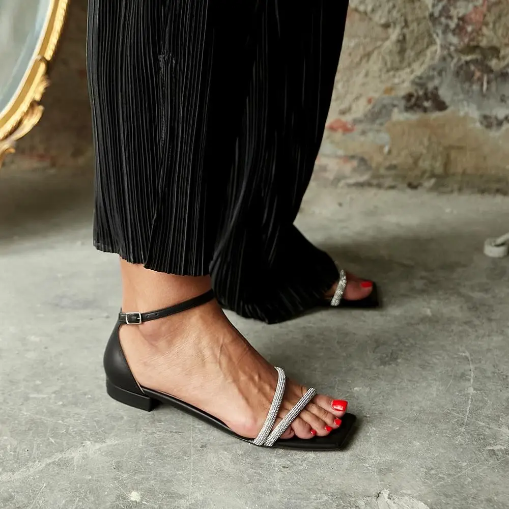 

Alfred Inner Genuine Leather Exterior Imported Stone Ankle Strap Flat Sole Women's Sandals Black White Summer Shoes
