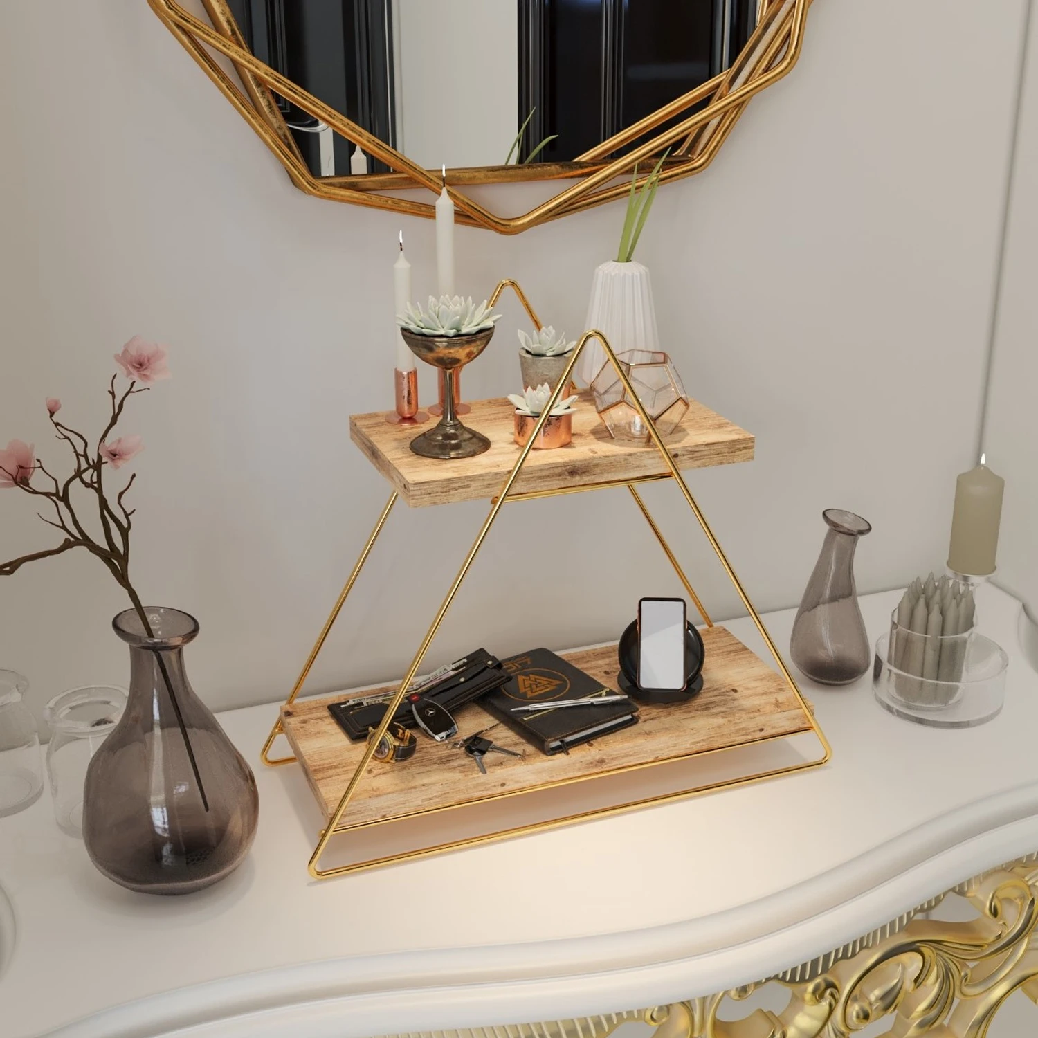 

Triangle Stainless Gold Color Kitchen Bathroom Organizer Modern Wall Shelf Service Presentation Rack