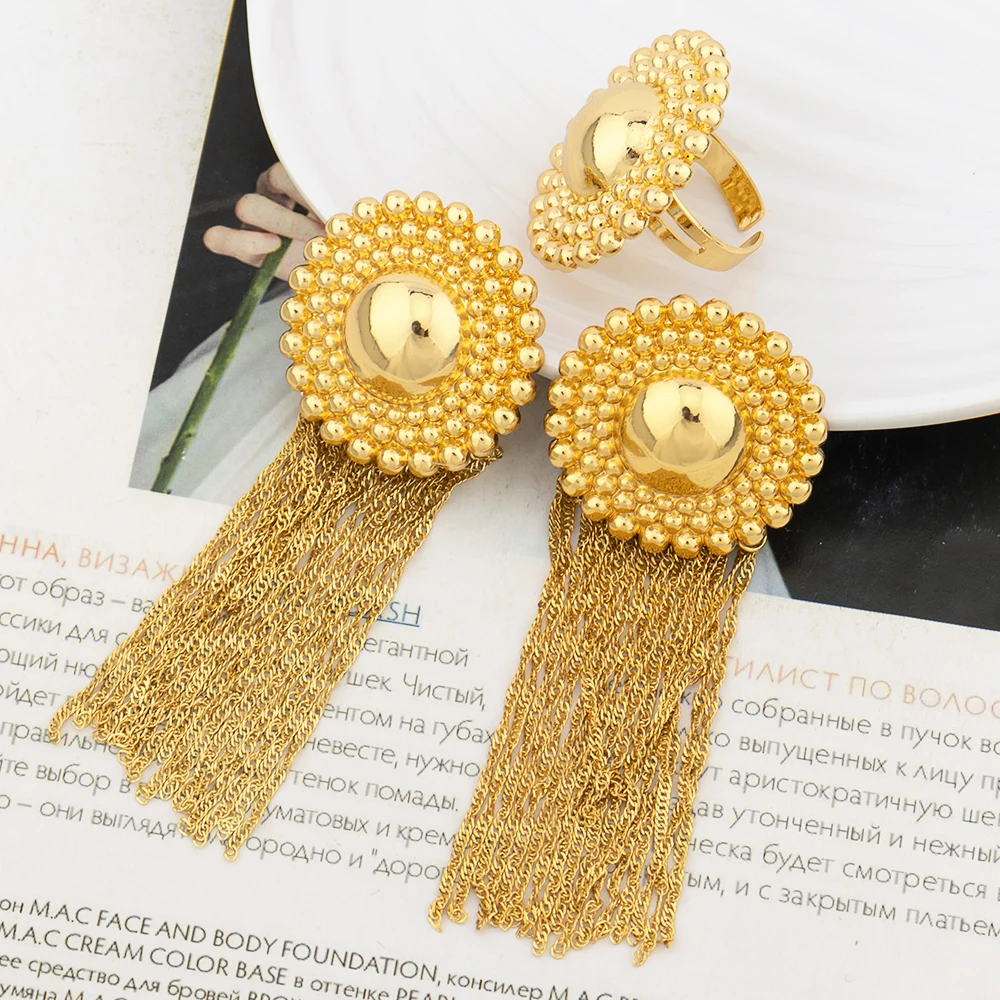 

Dubai Luxury Tassel Earrings Gold Color Rings Set for Lady Ethiopian Fashion Classic Jewelry Set Women Jewellery Wedding Party