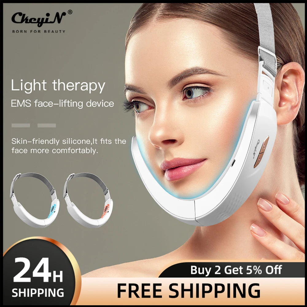 CkeyiN Chin V shaped Lift Belt LED Photon Facial Lifting Device Face Slimming Galvanic Massager face Lift Up Bandage Care