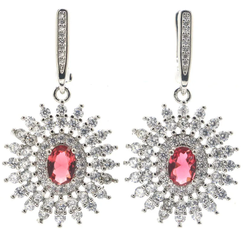 40x21mm Ravishing 9g Pink Raspberry Rhodolite Garnet Violet Tanzanite White CZ Women Daily Wear Silver Earrings