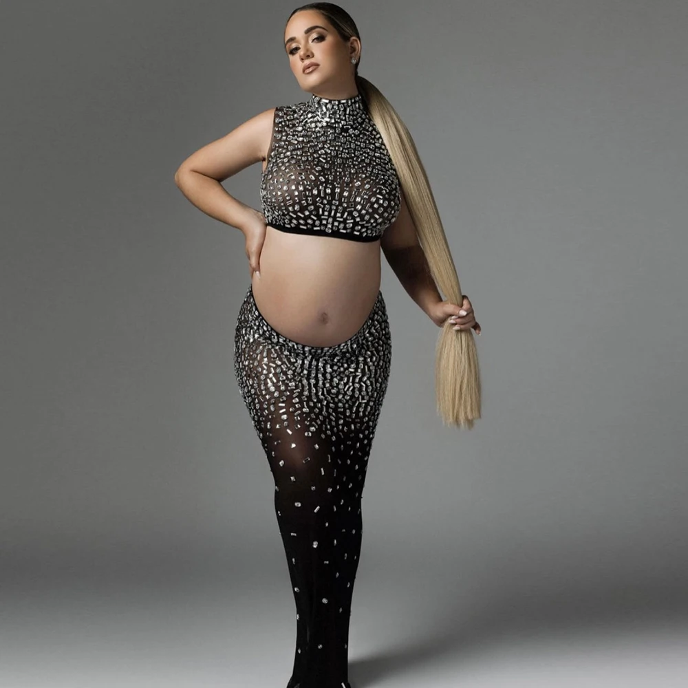 Maternity Dresses For Photo Shoot Shiny Sexy Goddess Mirror Bright Diamond Stretch Fabric Skirt For Pregnancy Photo Accessory enlarge