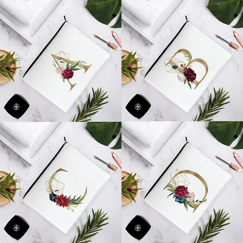

Golden English Alphabet Rose Geometry Figure Simple Nordic Women Beauty White Canvas Cosmetic Bag Makeup Storage Travel