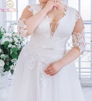 plus size lace appliques tulle wedding dress 2022 bride gown brautkle deep v neck cap 34 sleeves bridal woemn simple dress