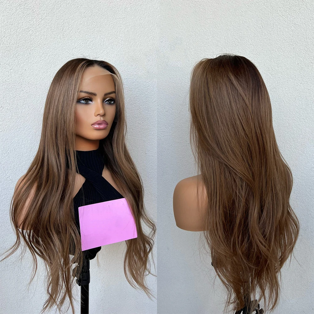 Premium Human Hair Wigs Slight Wavy HD Lace Full Lace Wig Cinnamon Auburn Brown with Dark Brown Roots Bleached Knots Hairline