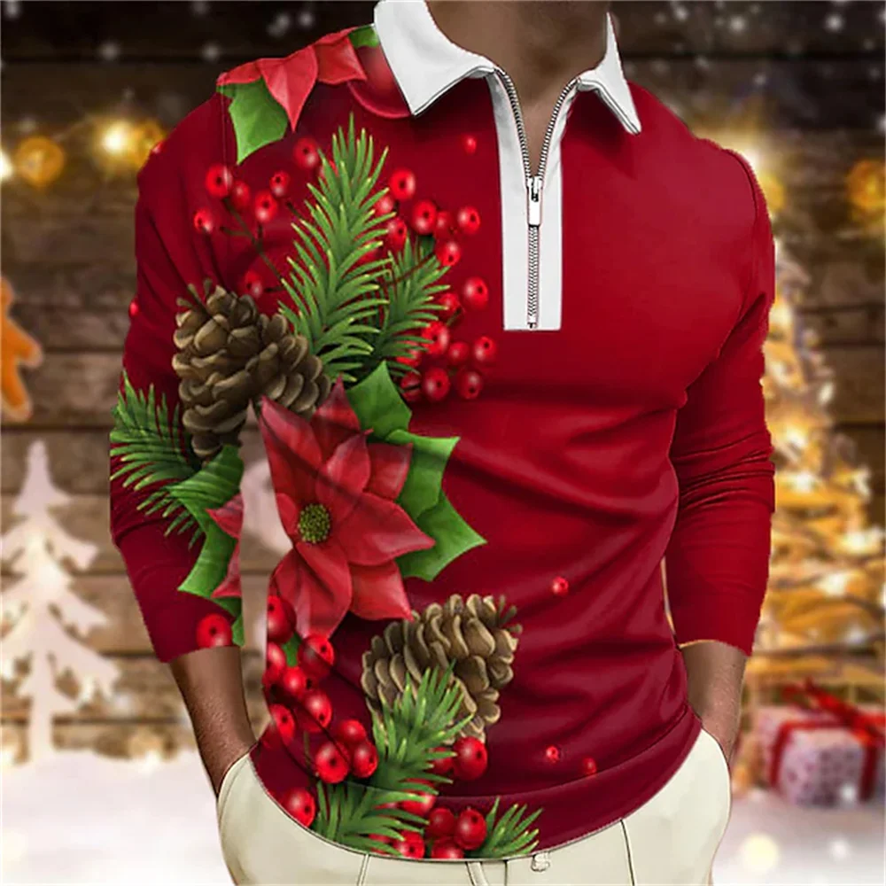 

2022 New Party Dress Men Polo Shirts Christmas Party Style Tops Cartoon Deer Print Shirt Long Sleeve Zipper Casual Polo Shirt