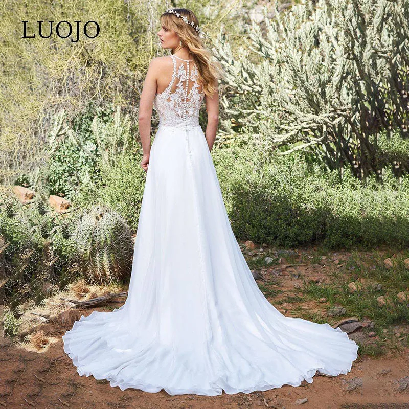 

LUOJO A-line V-neck Sleeveless Split Wedding Dress 2023 Elegant Appliques Button Tea Length Bridal Gown Custom Vestidos De Novia