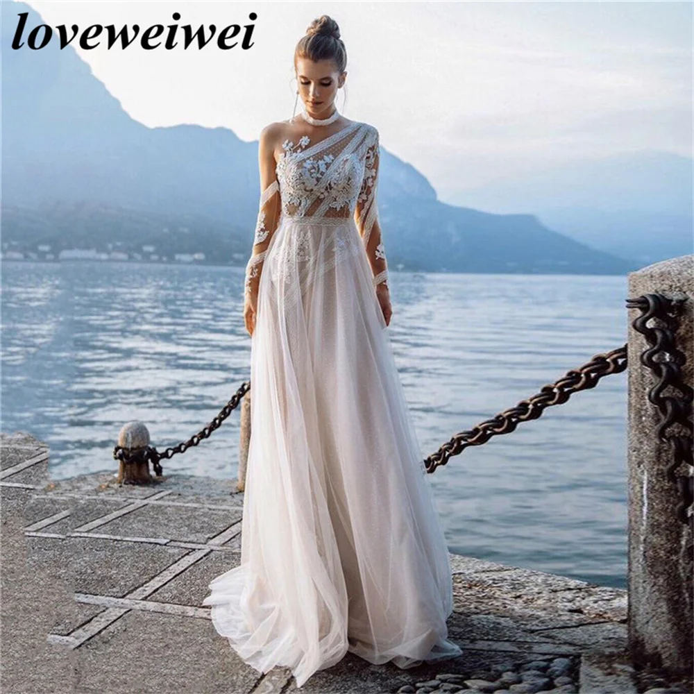 

Boho Long Sleeves Wedding Dresses 2023 White Dots Appliques Lace Bridal Gowns Tulle Beach Bohemian Party Floor Lenth Custom Made