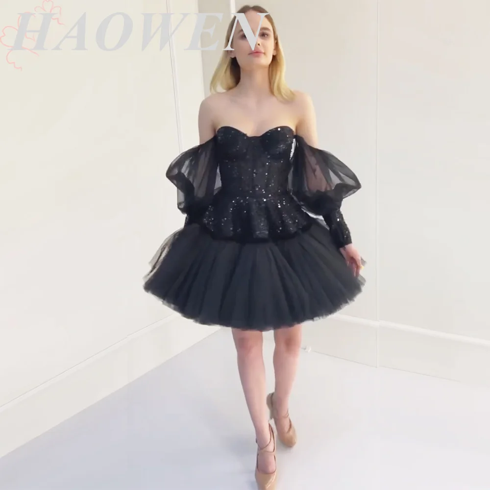 

HAOWEN Elegant Short Mini Cocktail Dresses for Women Sweetheart Aline Beads Sequin Detachable Sleeve Formal Prom Homecoming Gown