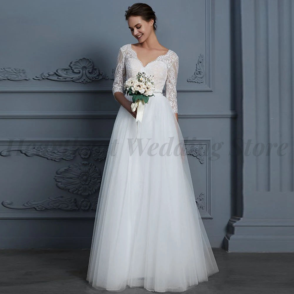 

Elegant Floor Length Wedding Dresses V-Neck Three Quarter Sleeve Backless Applique Lace Chic A-Line Tulle Vestidos De Novia 2023