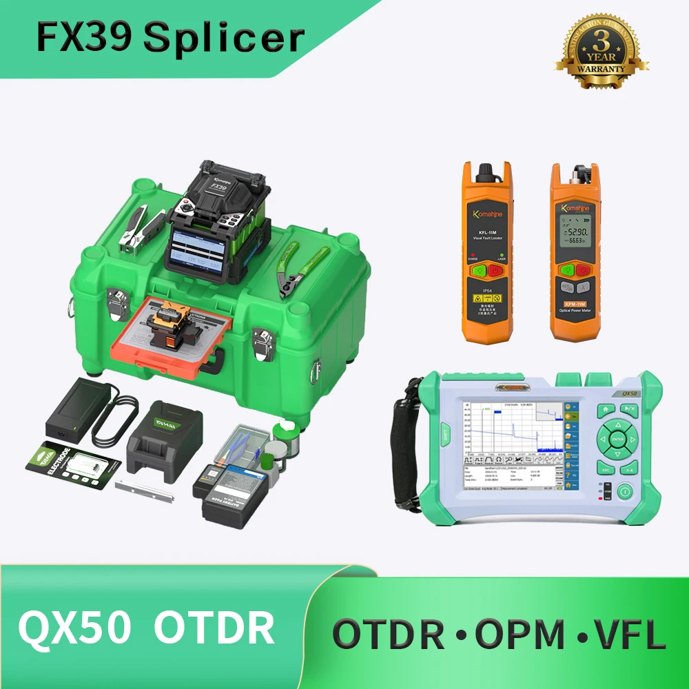 

Core Alignment 6 Motors Fiber Optic Fusion Splicer FX39 w/ 9 Languages,QX50 OTDR 1310/1550nm,32/30dB, Power Meter & VFL 10mw