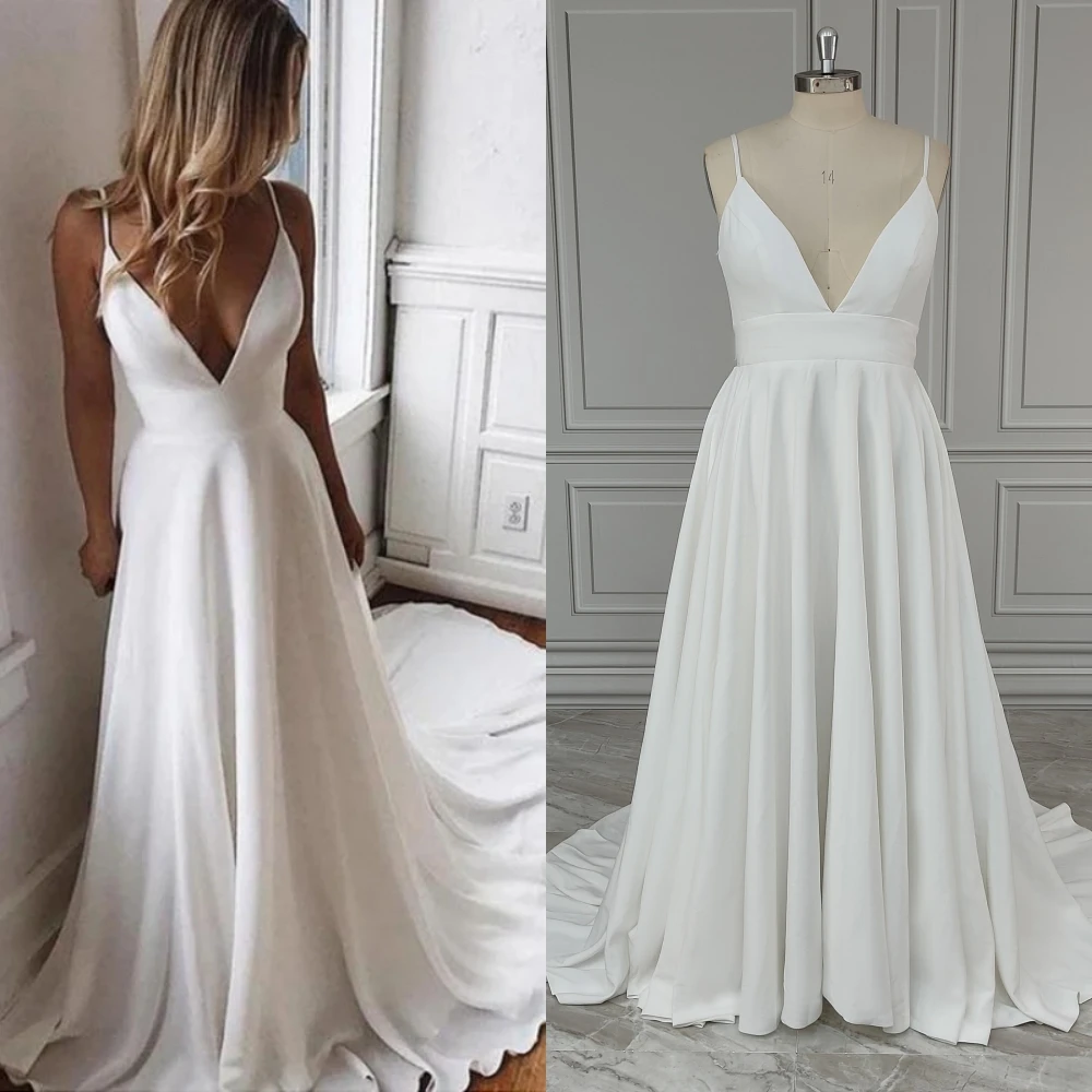 

13871# Real Photos Spaghetti Straps V-neck A-line Chiffon Wedding Dress Beading Sequined Lace Backless Bride Gown For Women