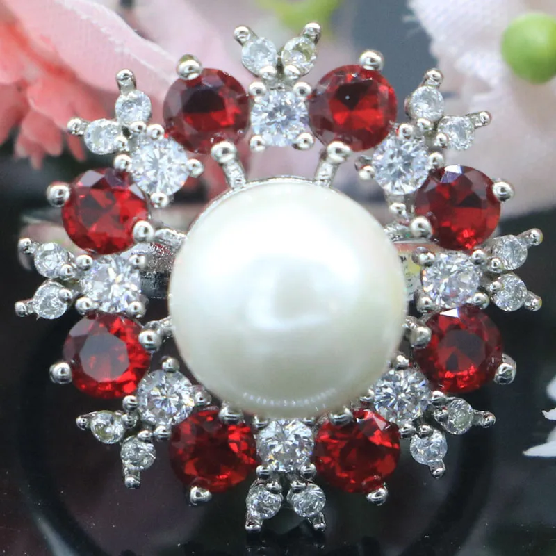 

21x21mm Lovely Cute 4.9g Red Blood Ruby White Pearl CZ Women Wedding 925 Silver Rings Drop Shipping Wholesale