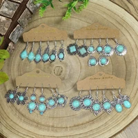 bohemian vintage 3pcs blue stone flower earrings set for women ethnic silver color hollow carved geometric drop earrings jewelry