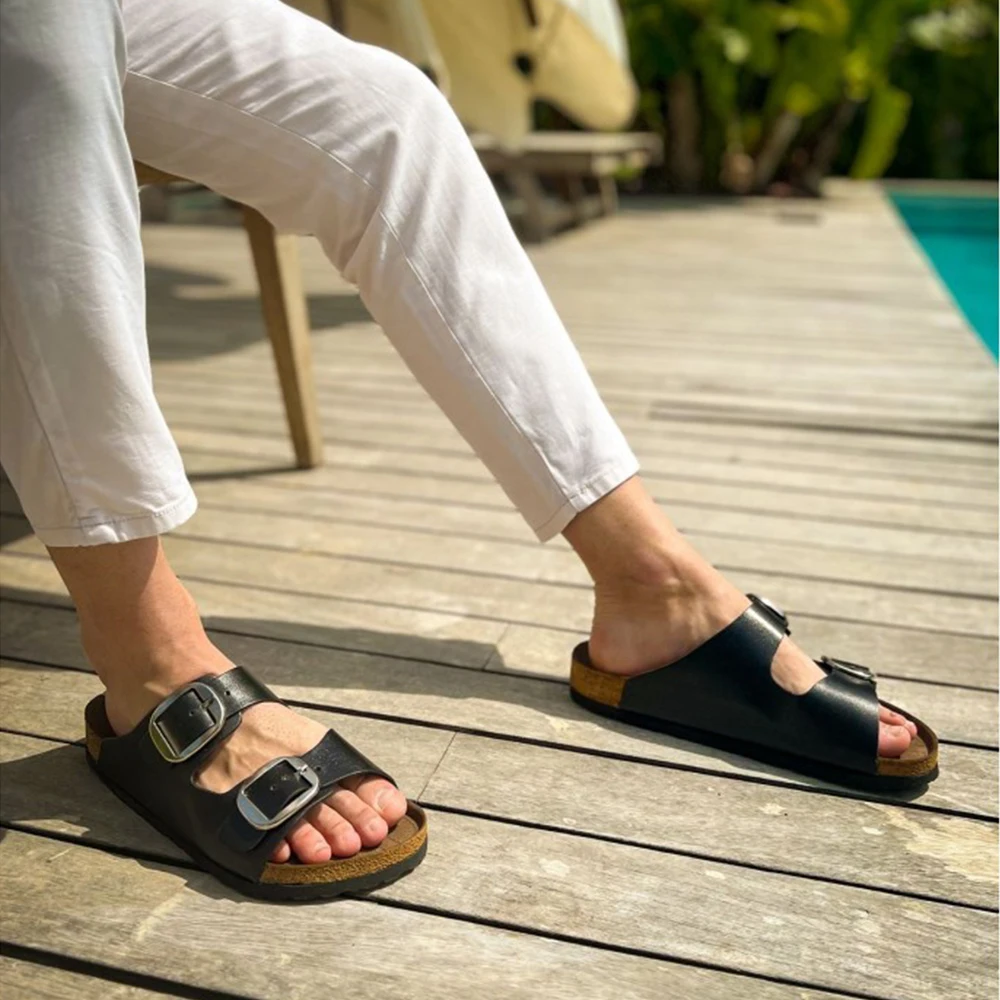 

FOH Store Black Genuine leather Men's Women's Beach Sandals, Quick-Dry Flip-Flop Slides, Water Resistant & Lightweight, Compression Molded Footbed & Ultra-Soft Comfort Fit TRL001