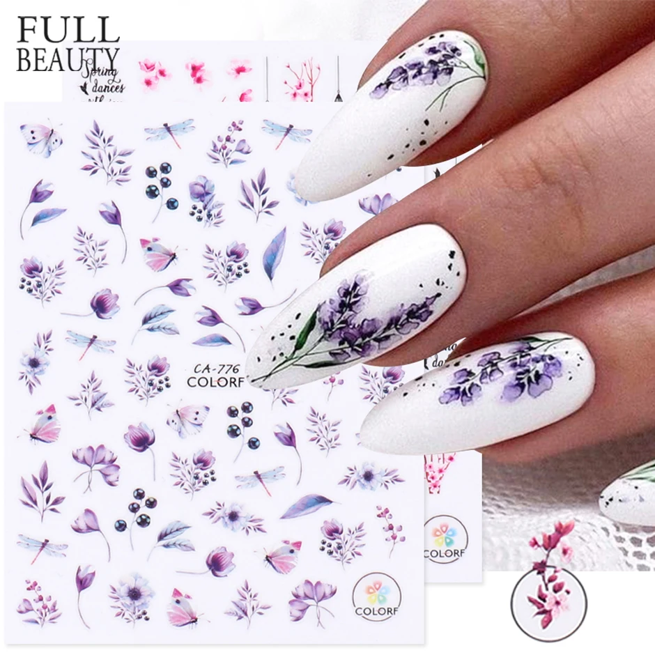 

3D Nail Stickers Flower Pink Purple Cherry Blossoms Nail Art Decals Floral Leaf Summer Sliders Manicure Decor Tips CHCA764-776