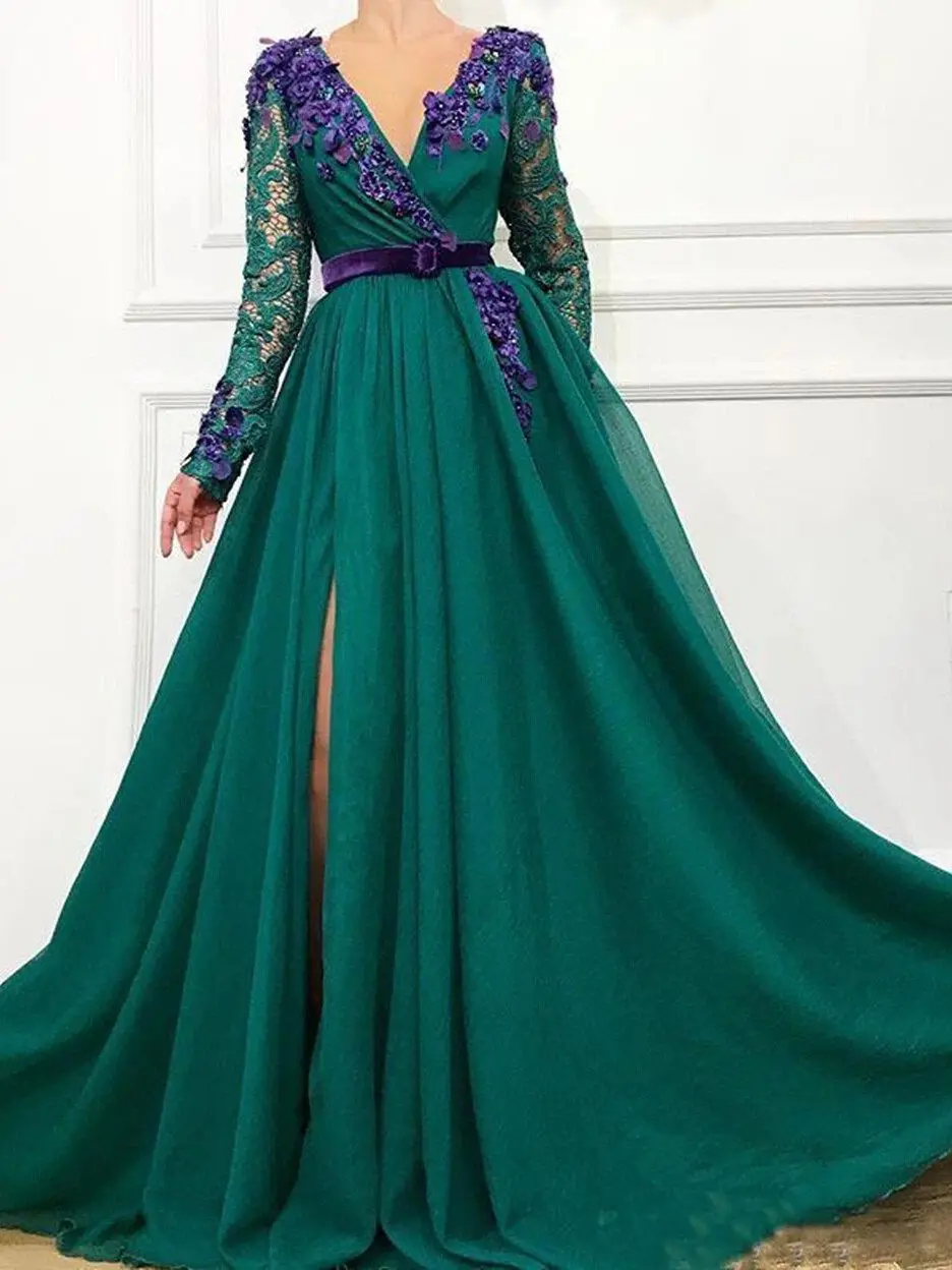 

Arab Dubai Long Sleeve V Neck Lace Prom Dress Beaded Flower Celebrity Party Dresses Ladies Elegant Formal Occasion Dresses