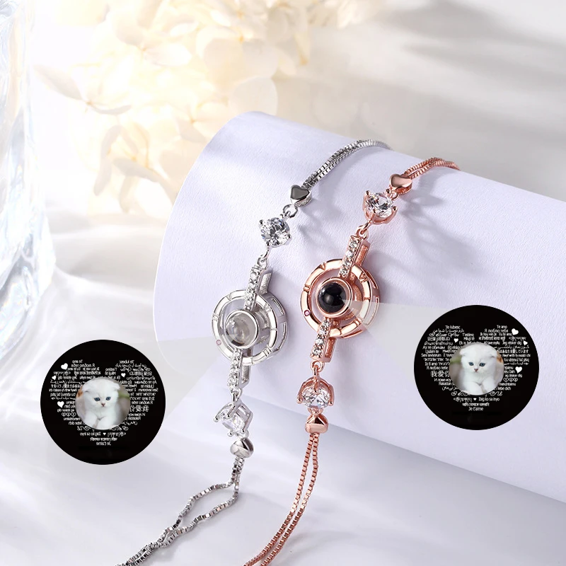 925 Silver Photo Projection Bracelet Classic Circle with Roman Numerals Customize Picture Jewelry for Women Gifts to Wife