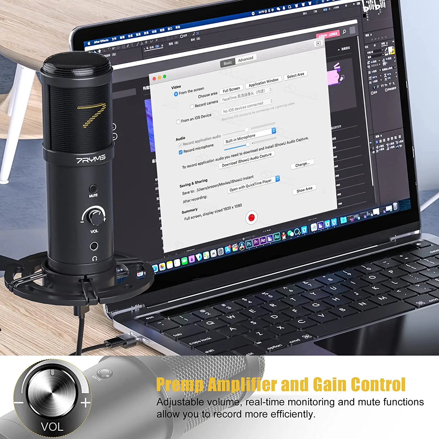 7RYMS Condenser USB Microphone SR-AU01-K2 PC Microphone Kit with Shock Mount and Real-time Monitor for Podcast Live Streaming enlarge